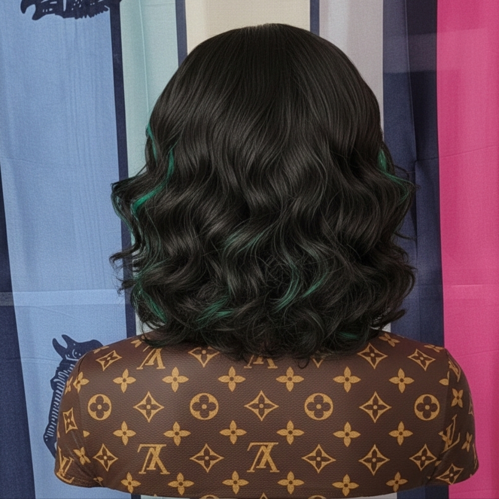 Elegant Black and Green Wavy Hair Wig